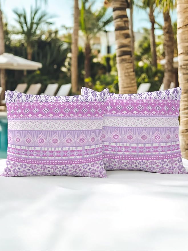 Waterproof Outdoor Pillow Set of 2 Purple Bohemian Decorative Throw Pillows Cover & Insert 16x16 Inch Pillowcase Boho Style Floral Leaves Geometric Pillows for Couch Sofa Bed Patio Furniture