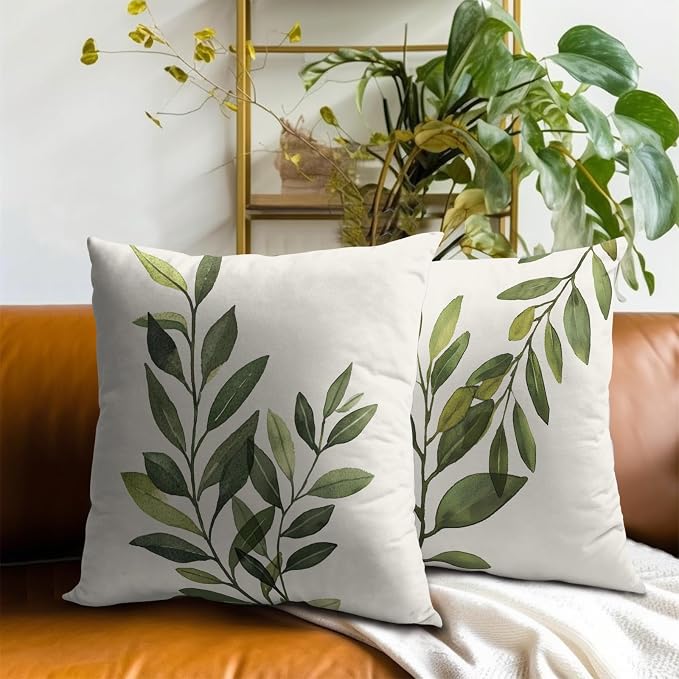 Sage Green Leaf Pillow Covers 22x22 Inch, Set of 2 Rustic Spring Summer Plants Leaves Cotton Square Pillowcases for Sofa Couch Bedroom Living Room Car Indoor Outdoor Home Decor