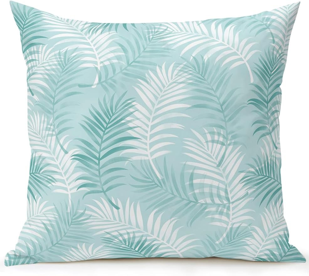 Waterproof Outdoor Pillow 1 Pack Aqua Tropical Palm Leaves Decorative Throw Pillows Cover & Insert 16x16 Inch Pillowcase Summer Jungle Foliage Pillows for Couch Sofa Bed Patio Furniture Indoor Outdoor