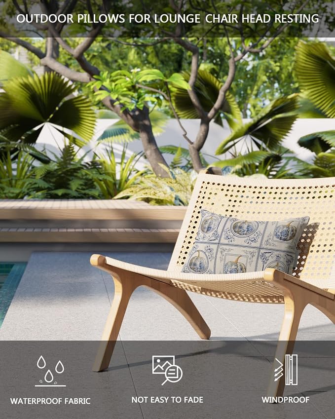 Outdoor Pillows Covers with Inserts Thanksgiving Blue and White Porcelain Pumpkin Beige Waterproof Pillow with Adjustable Strap Throw Pillows for Patio Furniture Recliner Lounge Chair, 12" x 20", 2PCS