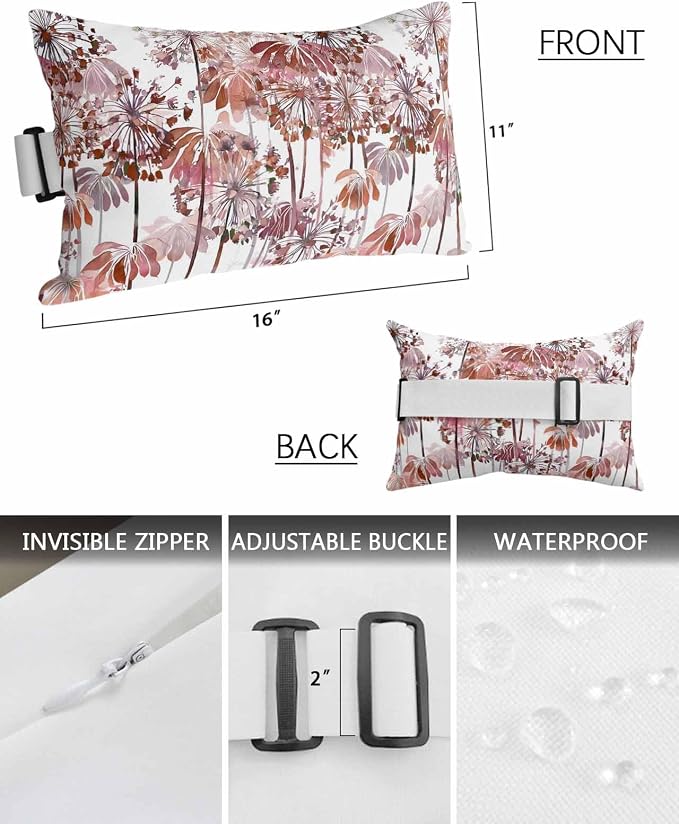 Outdoor Pillows Waterproof Covers Set of 2, Red Dandelion Adjustable Elastic Chaise Lounge Headrest Pillow Covers, Spring Bloom Flowers Decorative Lumbar Pillow for Pool Patio Furniture 11x16 Inch