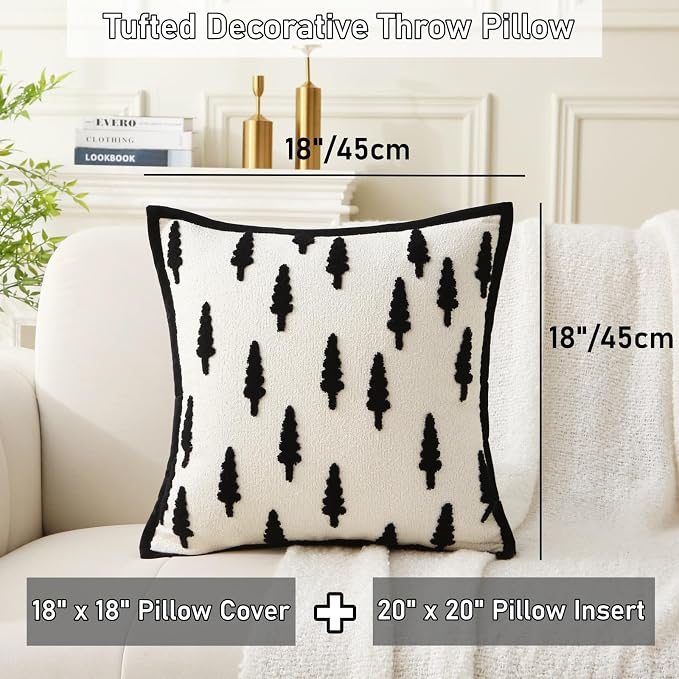 Boho Tufted Chenille Throw Pillows with Inserts, 18 x 18 Inch Soft Square Decorative Pillows, Modern Farmhouse Cushions for for Home, Patio, Couch, Bedroom, Living Room (Black Tree)