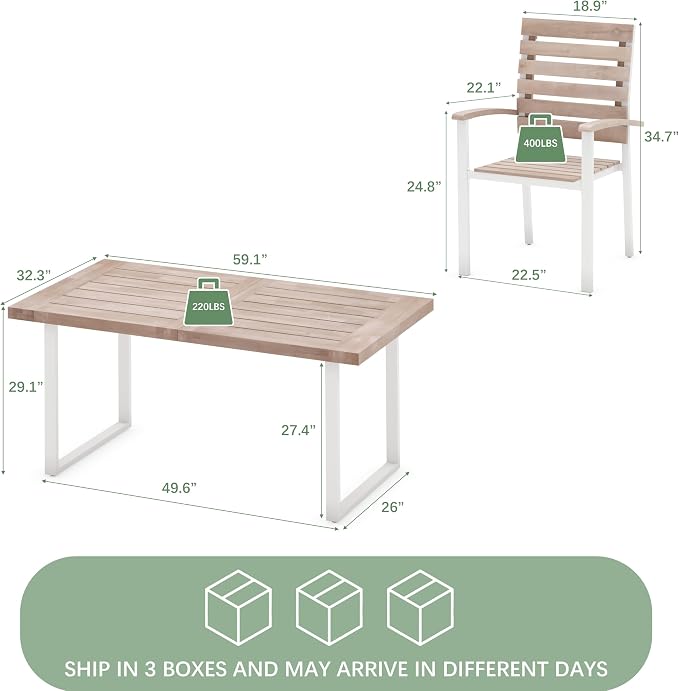 WiberWi 7 Piece Outdoor Dining Set for 6, Acacia Wood 59.1" Patio Table and Chairs Set with Metal Frame, Patio Dining Furniture Set for Garden, Balcony, Backyard, Poolside, Natural & White
