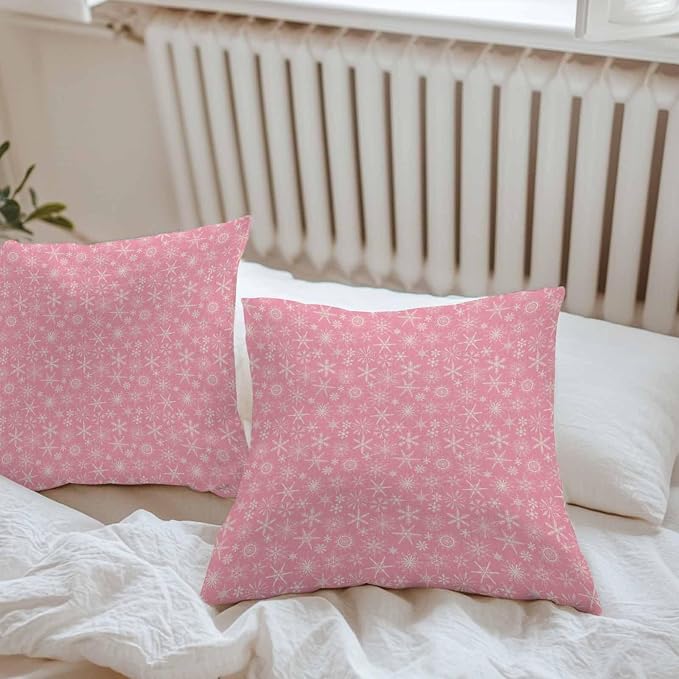 Pink Christmas Outdoor Pillow Cover 24x24 Inch Cushion Sham Case, Farmhouse Winter Xmas Beige Snowflakes Waterproof Decorative Square Throw Pillowcase for Outside Garden Patio Porch Couch Chair Tent