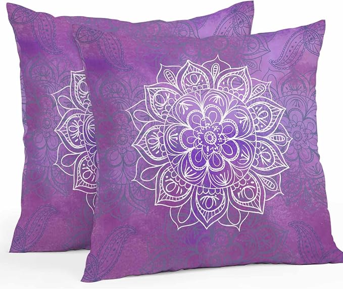 Vandarllin Outdoor Throw Pillows Covers 20x20 inch Set of 2 Waterproof Purple Boho Floral Decorative Zippered Cushion Covers for Patio Furniture, Bohemian Flower Lumbar Pillowcases
