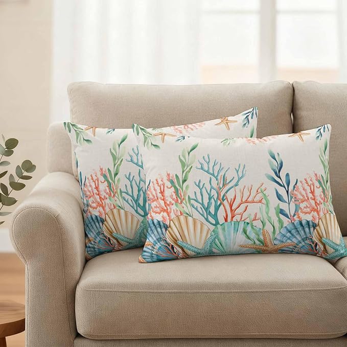 Lumbar Pillow Covers 20x12 Inch Set of 2, Summer Ocean Waterproof Outdoor Pillow Covers, Watercolor Coastal Coral Shell Seaweed Beige Decorative Cushion Pillowcases for Couch, Sofa, Bed, Garden, Patio