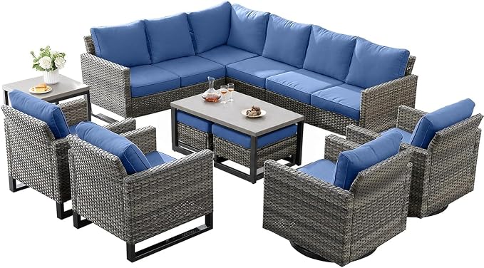 Belord Outdoor Sectional Furniture with Swivel Rocker Chair, 10 Pieces Wicker Patio Furniture Sets with Ottoman L Shaped Sofa Coffee Table Blue Cushion