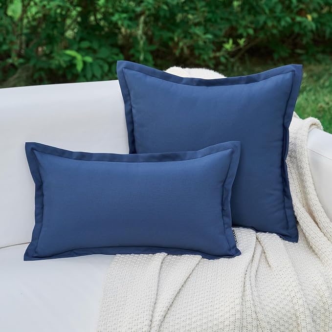 LIGICKY Navy Blue Outdoor Lumbar Pillows Waterproof Pillow Covers 12x20 Inch Pack of 2 Decorative Rectangle Solid Color Pillows with Wide Edge Cushion Cover for Patio Tent Garden Couch Balcony