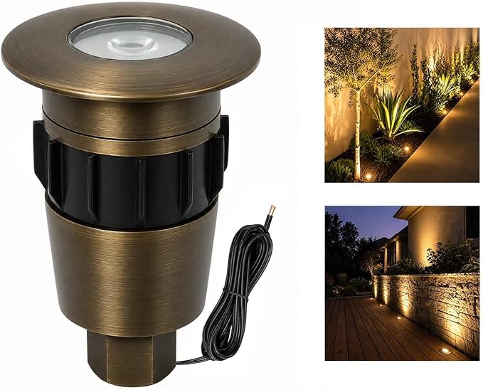Mini Brass Well Light, 12V IP65 Drive-Over, 1 Pack | Solid Brass Body, Replaceable MR8 Bulb, PVC Sleeve, IP65 Waterproof, ETL Listed, Transformer & Wire Sold Separately