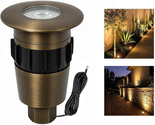Mini Brass Well Light, 12V IP65 Drive-Over, 1 Pack | Solid Brass Body, Replaceable MR8 Bulb, PVC Sleeve, IP65 Waterproof, ETL Listed, Transformer & Wire Sold Separately