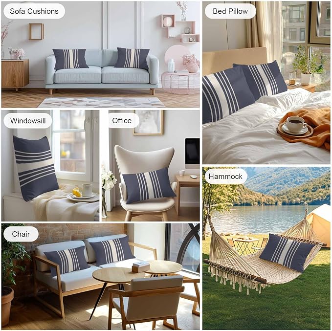 Vandarllin Outdoor Throw Pillows Covers 20x12 inch Set of 2 Waterproof Blue Vertical Stripes Decorative Zippered Cushion Covers for Patio Furniture, Classic Striped Linen Lumbar Pillowcases