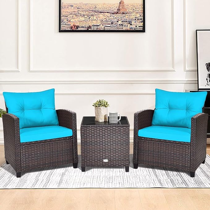 Modern Turquoise 3-Piece Wicker Patio Furniture Set with Water-Resistant Cushions & Tempered Glass Table