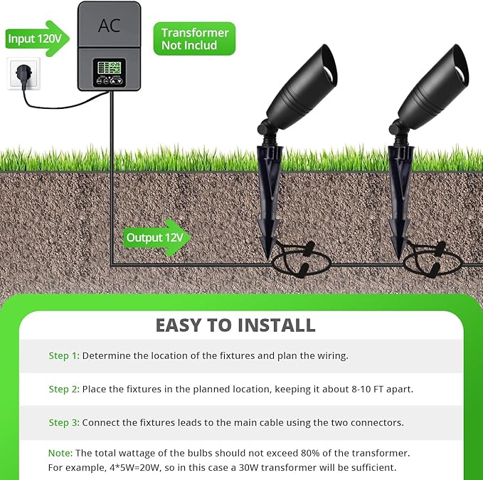 wowlite Low Voltage Spot Lights Outdoor LED 4 Pack, Die-cast Aluminum Landscape Spotlights, Waterproof Black Uplights with MR16 Bulbs Ground Stake for Garden Courtyard Pathway
