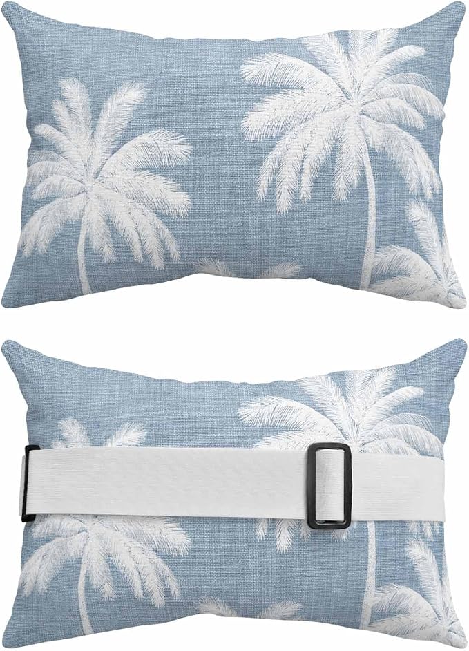 Pack of 4 Outdoor Lumbar Pillow Covers 11x16 Inch, Light Blue Palm Trees Waterproof Throw Pillow Covers Set, Farmhouse Tropical Summer Beach Indoor&Outdoor Decorative Cushion Cases for Patio Porch Car
