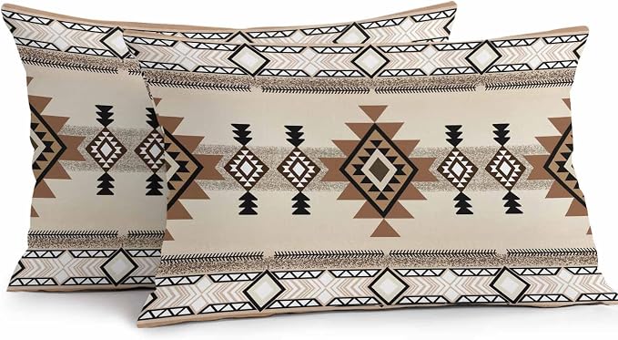 Outdoor Waterproof Throw Pillow Covers Set of 2 Brown Aztec Lumbar Pillowcases 20x12 Inches Western Tribal Boho Pattern Decorative Pillows Cushion Case Patio Pillows for Couch Bed Chair Garden