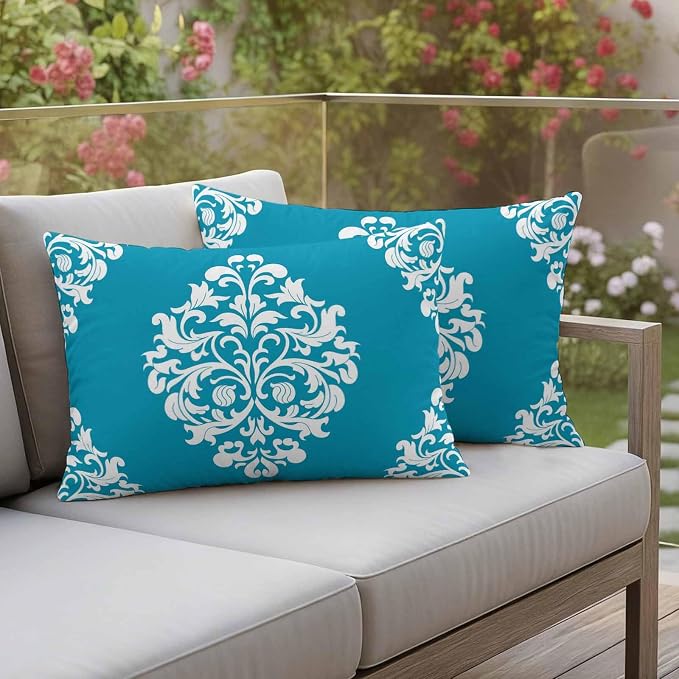 Outdoor Pillow Covers Set of 2, Abstract Minimalist Boho Blue Flower Decorative Throw Pillow Covers 20X12IN, Aesthetic Art Throw Pillows Protector Cushion Case for Patio,Couch,Sofa,Garden