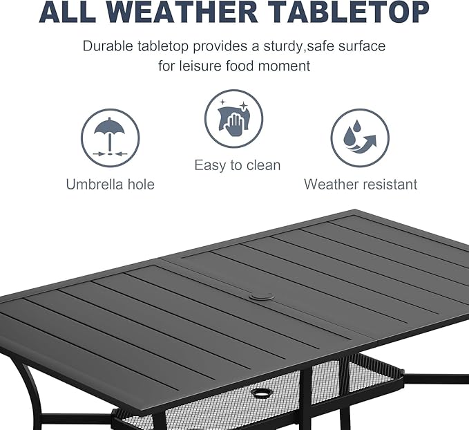 VICLLAX 7 Pieces Patio Outdoor Dining Set, 59" Metal Dining Table with Umbrella Hole and 6 Stackable Textilene Chairs for Patio, Lawn, Garden, Porch, Black Table/Grey Chairs