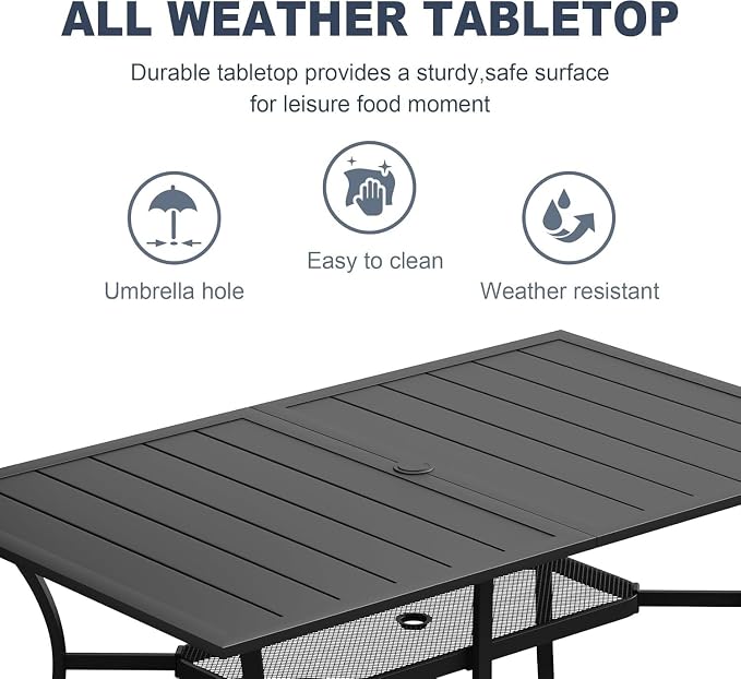 VICLLAX 7 Pieces Patio Outdoor Dining Set, 6 Swivel Textilene Chairs and 59" Round Metal Table with Umbrella Hole for Porch, Deck, Garden, Black/Dark Blue