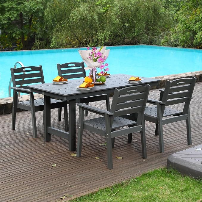 5-Pcs Outdoor Patio Dining Table Set of 4, Outdoor Patio Rectangular 66.9'' Dining Table and Armchair for Garden Backyards Pool Side, Waterproof HDPE Material & 1.95'' Umbrella Hole, Gray