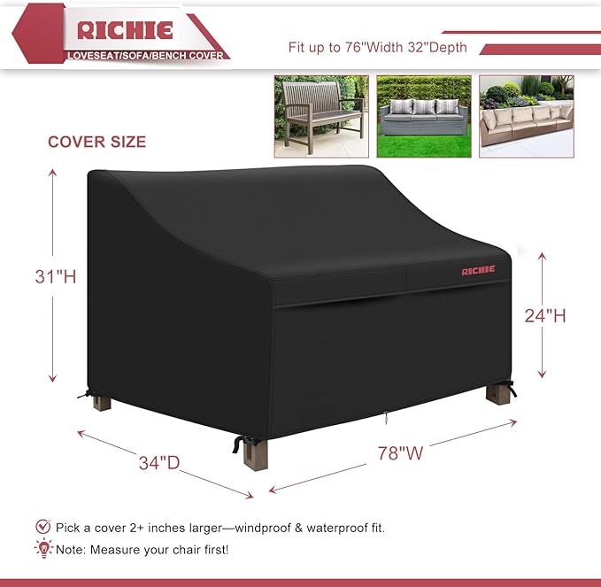 RICHIE Waterproof Patio Sofa Cover 3-Seater - Outdoor Furniture Covers for Loveseat/Couch with Air Vents & Handles, 78"W x34"Dx31"H, Black