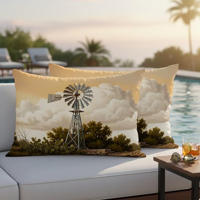 Windmill Outdoor Pillow Covers 20"x12" Set of 2, Windmill Farmhouse Sunset Field Trees Rustic Waterproof Throw Pillow Covers for Patio Furniture, Decorative Cushion Covers for Porch