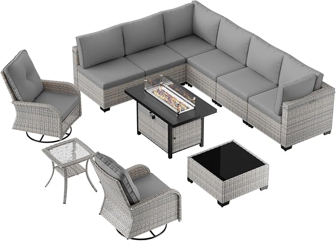 11-Piece Patio Furniture Set, Outdoor Patio Furniture with 55,000 BTU Fire Pit Table, Swivel Chairs Set, Thick Cushions, Modular Patio Sofa, Dual-Strand Wicker Rattan, Rust-Resistant Frame, Grey