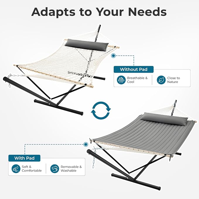 SUPERJARE 12ft Double Hammock with Stand, Rope Hammock for 2 Person, Detachable Hammock Bed and Pillow, Portable, Anti-Tip Safety Ropes, Carry Bag, Outdoor Backyard Patio Camping, Gray