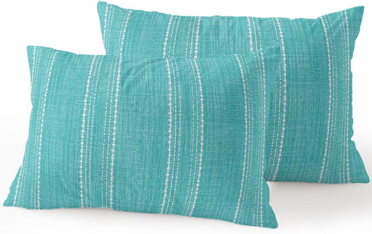 Waterproof Outdoor Pillow Set of 2 Aqua Linen Stripes Decorative Throw Pillows Cover & Insert 20x12 Inch Lumbar Pillowcase Parallel Vertical Lines Pillows for Couch Sofa Bed Patio Furniture