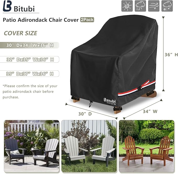Bitubi Waterproof 2 Pack Patio Adirondack Chair Cover for Outdoor Chair Size Up to 30W x 34D x 36H inch,Outdoor Lawn Patio Furniture Covers (Black)
