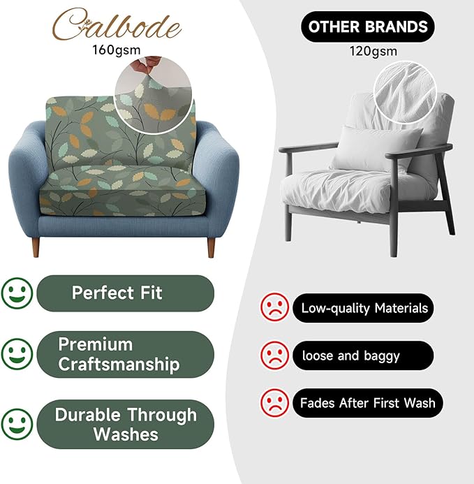 CALBODE 14Pcs Stretch Patio Cushion Cover for Autumn, Couch & Sofa Slipcovers for Patio Furniture Cushions Washable Reusable Couch Covers Replacement Fall Home Decor (Green Leaf Printed, Cover Only)
