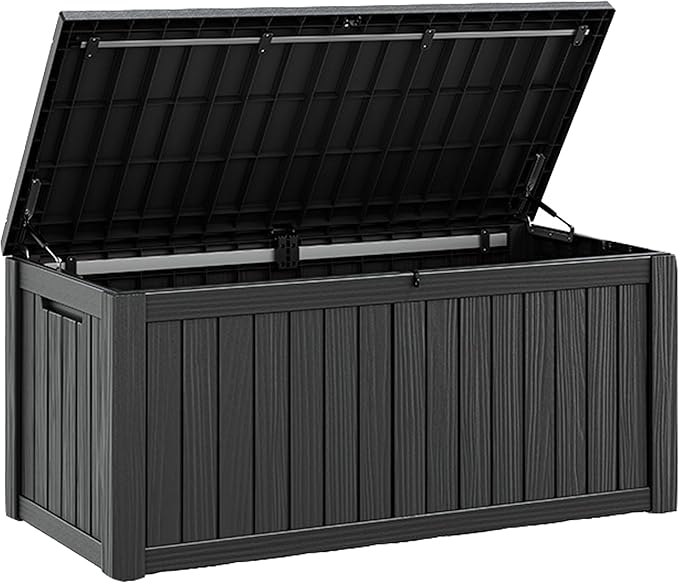 Fancyango 180 Gallon Outdoor Deck Box Waterproof, Large Storage Box for Patio, Resin Storage Bench Lockable for Garden Tools, Package Delivery, Black