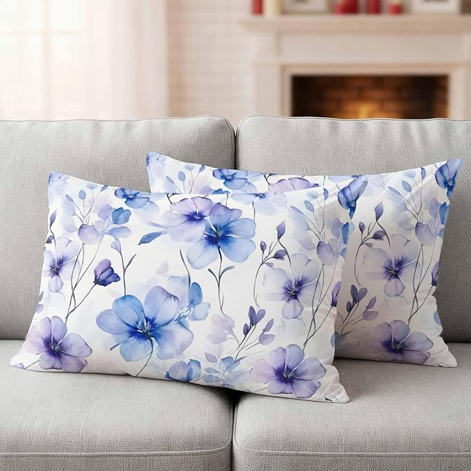Purple Blue Outdoor Waterproof Throw Pillow Covers Set of 2, 20"x12", Gradient Flowers Pansy Watercolor Botanical Decorative Pillow Covers Outside Cushion Case for Patio Porch Garden