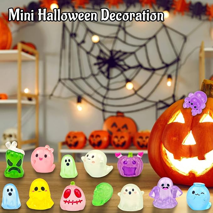 60 Pcs Halloween Luminous Mini Resin Figures Ghost Miniature Figurines | Glow in the Dark, Tiny Little Plastic Pumpkin Spider Skull Figures for Crafts Micro Landscape Fairy Garden Party Decor