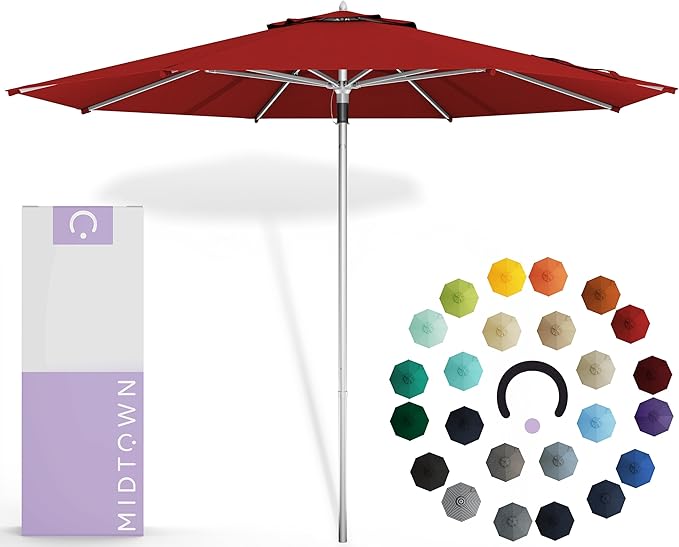 Midtown Umbrellas Push & Pop 10 Ft Patio Umbrellas with Push & Pop Mechanism, 8 Fiberglass Ribs & Sunbrella Fabric – Outdoor Umbrella for Deck, Pool, Cafés and Hotels – Red Canopy, Silver Pole