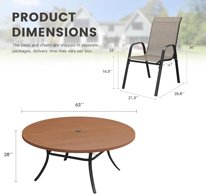 11 Pieces Outdoor Dining Set, 63" Round Table with Umbrella Hole & Stackable Patio Dining Chairs, Patio Table and Chairs Set for Deck Garden Porch, Brown Chairs & Walnut Table