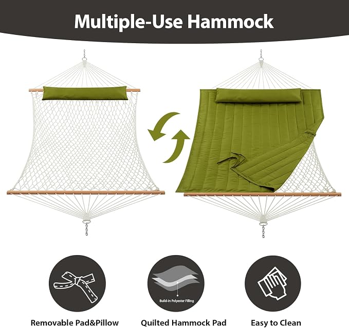 CHULIM Outdoor Double Hammock with Hardwood Spreader Bars, Large Rope Hammock with Polyester Pad and Pillow, 475 LBS Capacity for 2 Person Patio Backyard Poolside - Green