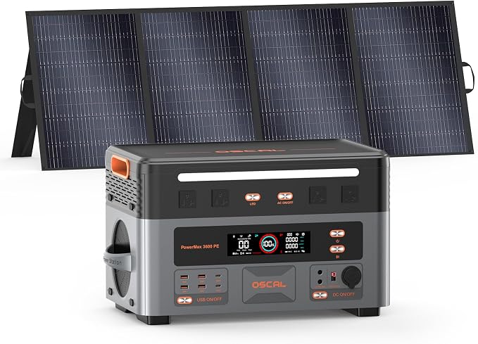 OSCAL 3600W with 1x400W Solar Panel, Portable Power Station, 2016Wh LiFePO4 Battery, 3600W(Peak 7200W) Solar Generator, 90 Min Fast Charge, 14 Ports, LED Light, Home Backup, RV, Camping & Outdoor