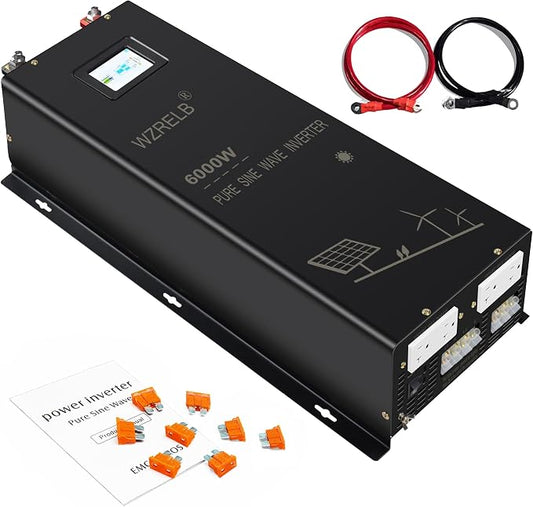 WZRELB 6000W Split Phase Pure Sine Wave Inverter, 48V DC to 120V/240V AC, 4 AC Outlets, Hardwire Terminal, High Efficiency up to 91.6%