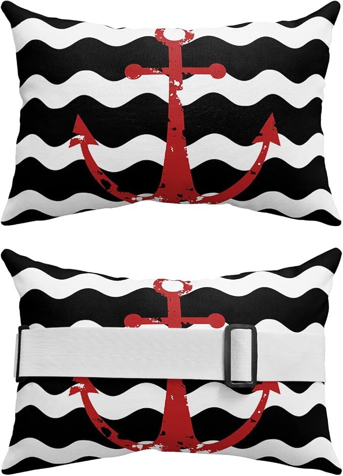 Recliner Head Pillow Lounge Chair Pillows with Insert Red Nautical Anchor Navy Blue Wavy Stripes Lumbar Pillow with Adjustable Strap Outdoor Waterproof Patio Pillows for Beach Pool, 1 PCS