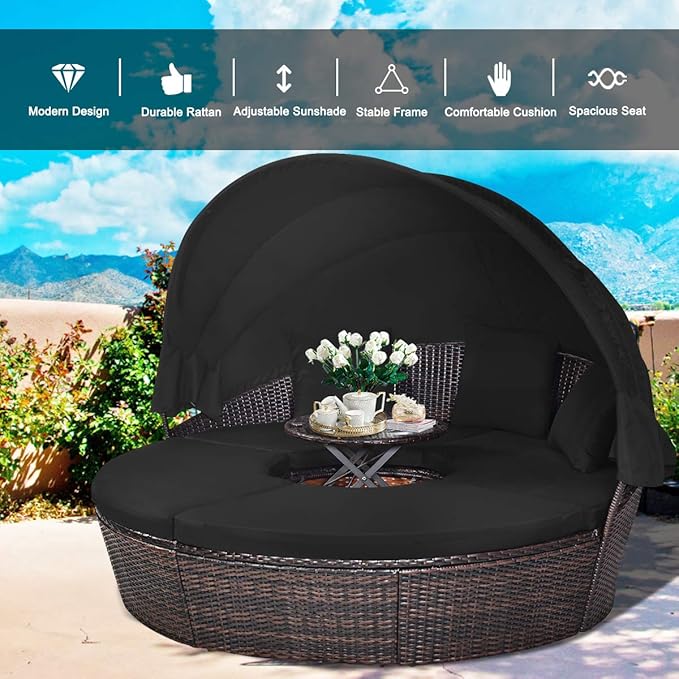 RELAX4LIFE Round Outdoor Daybed with Canopy, Rattan Wicker Sectional Sofa Set w/Cushions, Height Adjustable Table, Conversation Bed Lounger Separated Seating for Outside Pool, Patio Daybed (Black)