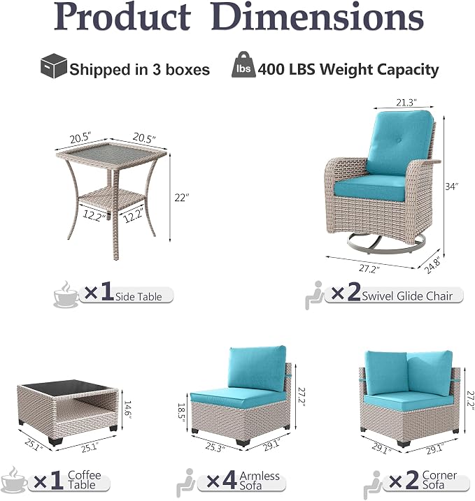 Patio Furniture Set, 10-Piece Outdoor Sectional Sofa with Swivel Rocker Chairs & 2-Layer Glass Coffee Table, Wicker Patio Conversation Set with Cyan Cushions