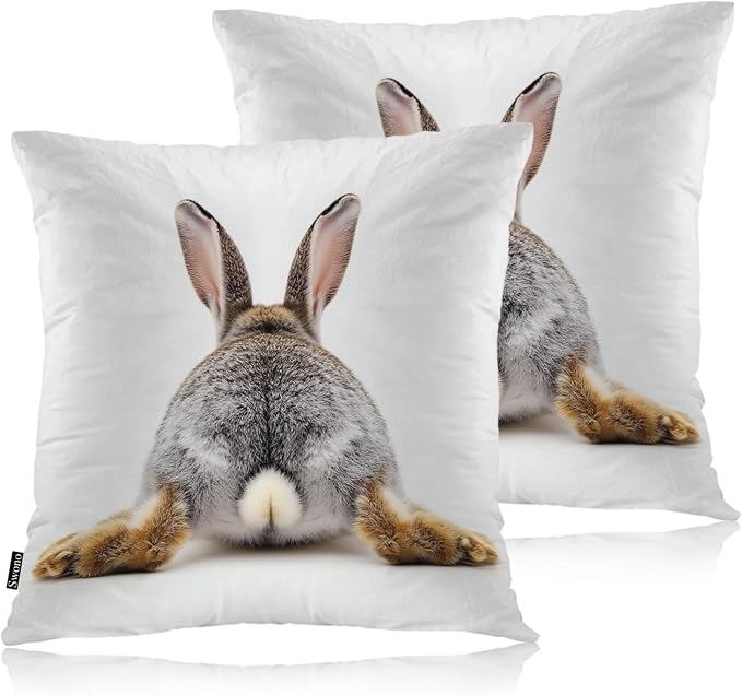 Swono Rabbit Square Pillow Covers Cushion Covers, Funny Bunny Tail 18 X 18 Inch Set of 2 Throw Pillow Cover Gray Rabbit Pillowcases Home Decorative for Couch Sofa Car Bedroom, No Insert