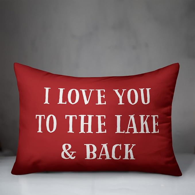 I Love You to The Lake and Back Indoor/Outdoor Pillow | Decorative Pillows for Living Room Couch Bed Sofa Patio, Fluffy Soft Cushion | Water Resistant Red, 14x20
