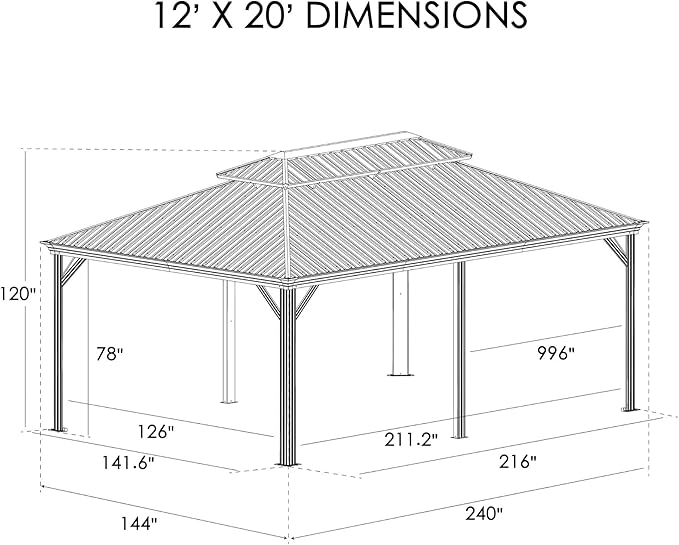 Kozyard Apollo 12’x20’ Hardtop Gazebo, Wooden Coated Aluminum Frame Canopy with Galvanized Steel Double Roof, Outdoor Permanent Metal Pavilion with Netting for Patio, Lawn