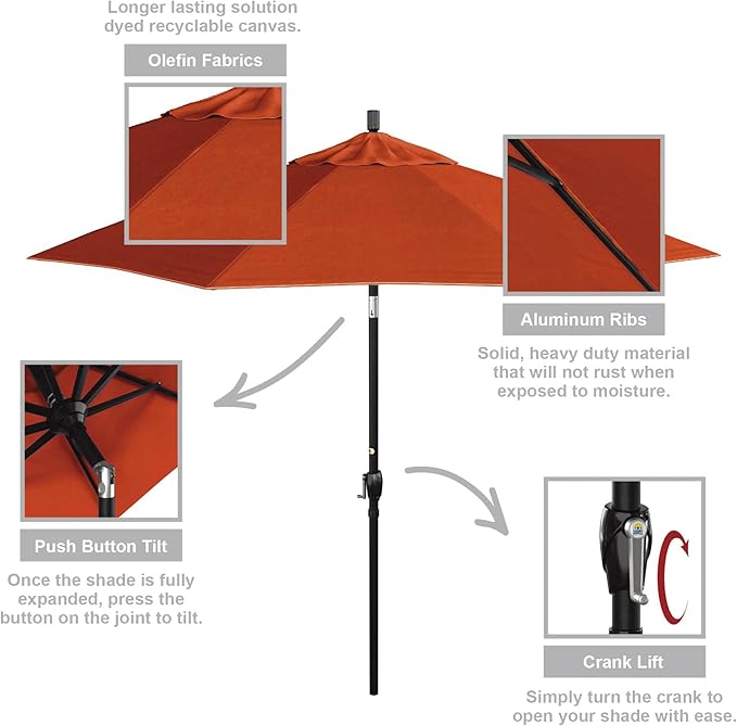 California Umbrella 9' Round Aluminum Market Umbrella, Crank Lift, Push Button Tilt, Black Pole, Sunset Olefin