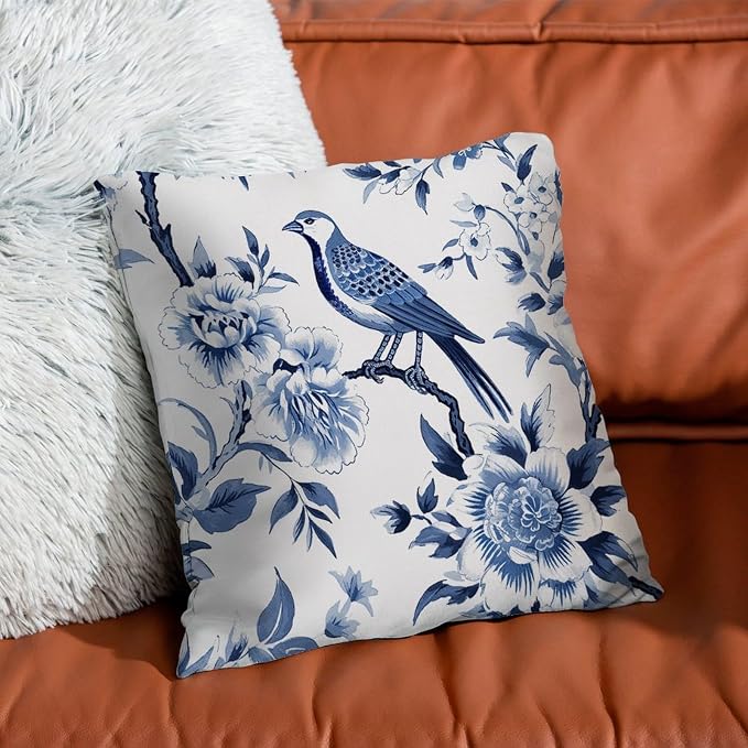 Pillowcase Blue Indigo Floral Chinoiserie Cushion Cover Farmhouse Asian Navy Lotus Bird Pillow Cover Accent Farmhouse Decor Pillow for Couch Sofa Patio 24x24 in
