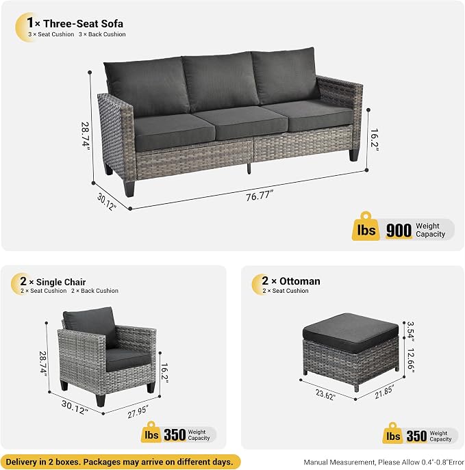 ovios Patio Furniture Set, 5 Pieces Outdoor Wicker Sofa Couch with Chairs, Ottomans and Comfy Cushions, All Weather High Back Rattan Conversation Set, Black