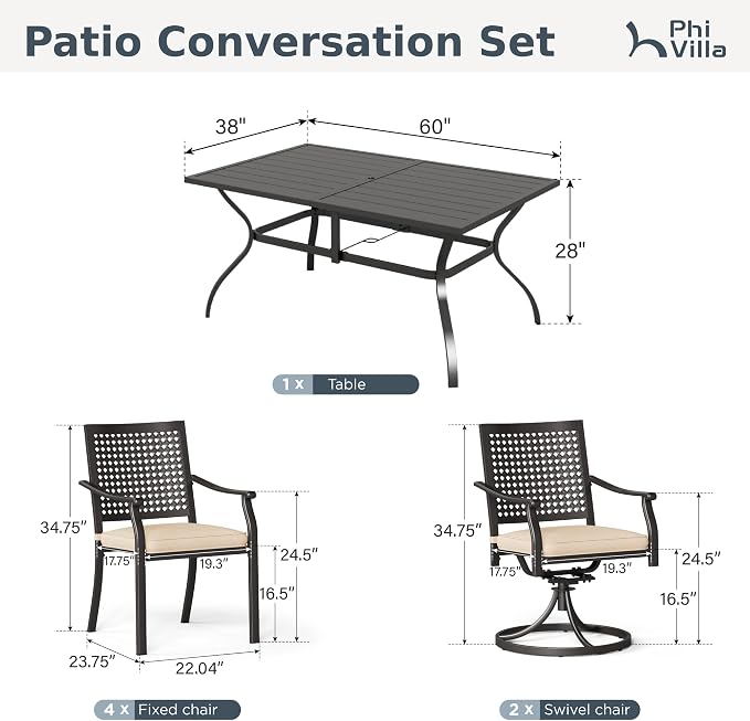 PHI VILLA 7 Pieces Outdoor Dining Set for 6, 60" Rectangle Metal Steel Table with Umbrella Hole & Swivel Fixed Chairs with Cushions, Modern Wrought Iron Furniture for Patio, Deck, Yard, Porch