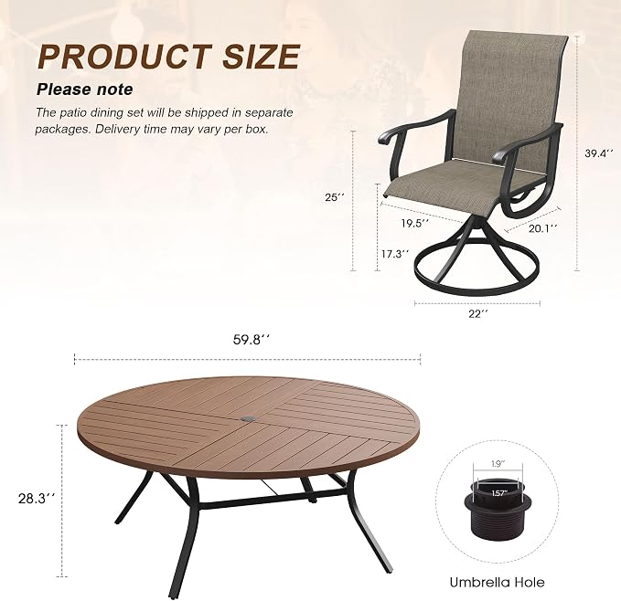 VICLLAX Patio 9 Pieces Outdoor Dining Set, 60" Round Metal Table with Umbrella Hole and 8 Swivel Textilene Chairs for Lawn, Garden, Porch, Walnut/Brown