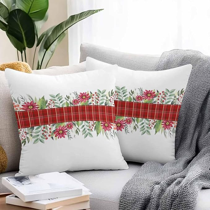 Christmas Outdoor Pillow Covers Waterproof, All Weather Cushion Case Set of 2, Red Plaid Poinsettia Berry Xmas Botanical Decorative Pillowcases for Sofa Couch Bed Decor Patio Furniture 24"x24"